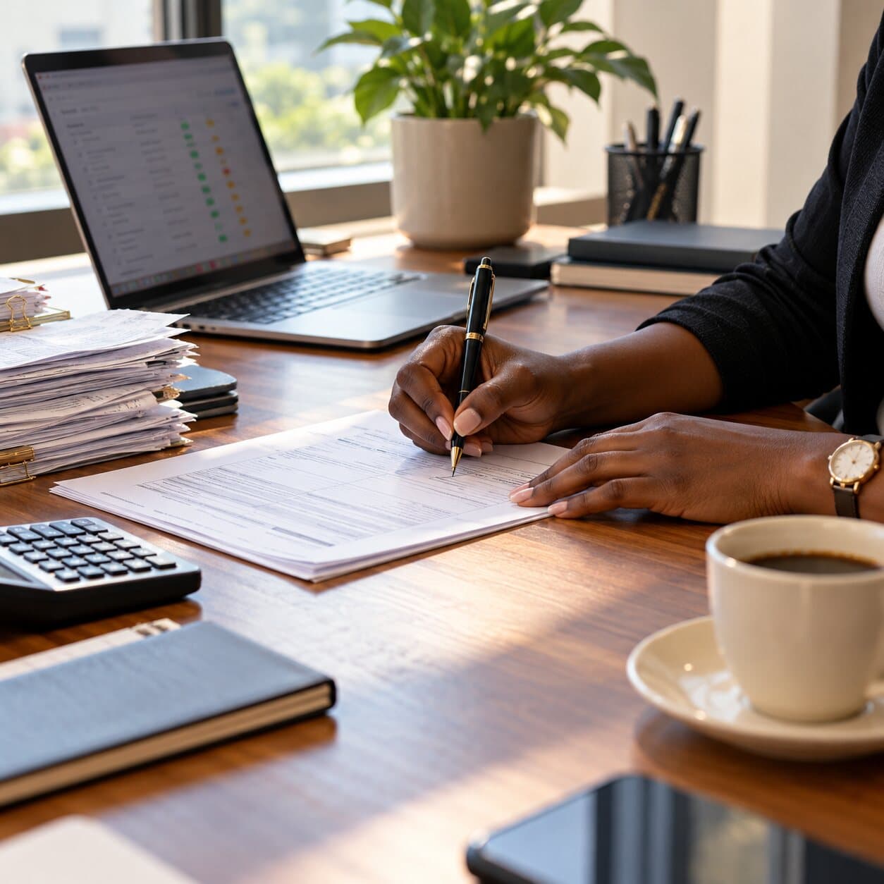 Hands signing a payment voucher at an office desk beside a laptop and receipts