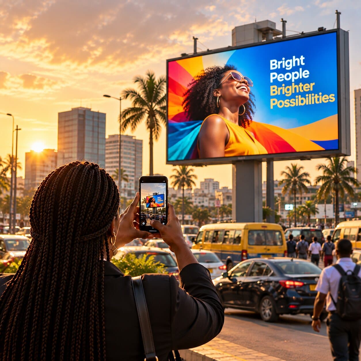 A media executive photographs a live roadside digital billboard on a busy Accra street at sunset
