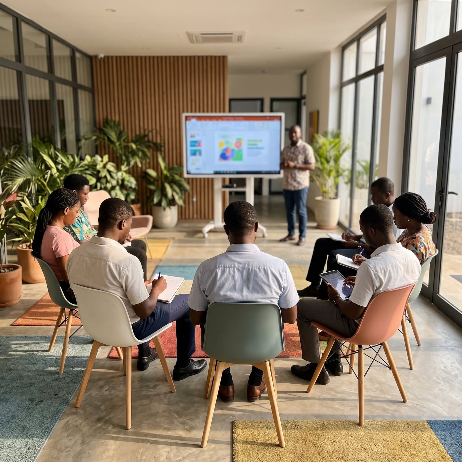 Colleagues in a circle of chairs take notes during a learning session in a bright breakout space