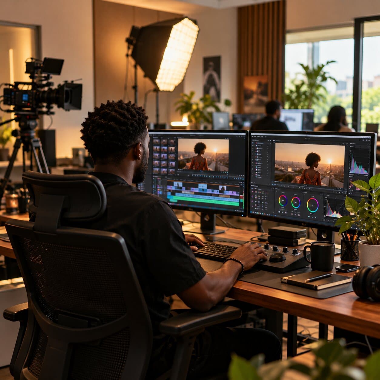 An editor colour-grading a film on two monitors in a production suite