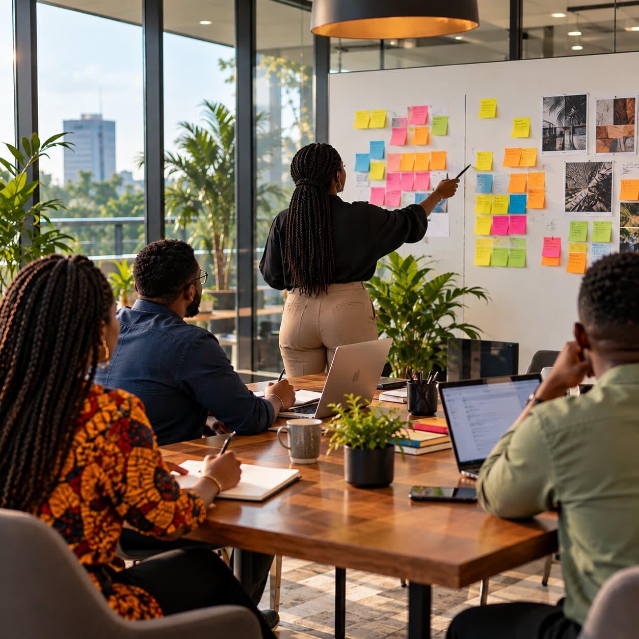 A strategist points to clusters of sticky notes on a workshop wall as colleagues take notes